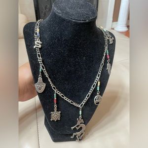 Unique African Inspired Ethnic Silver Charm Necklace, 15” Drop